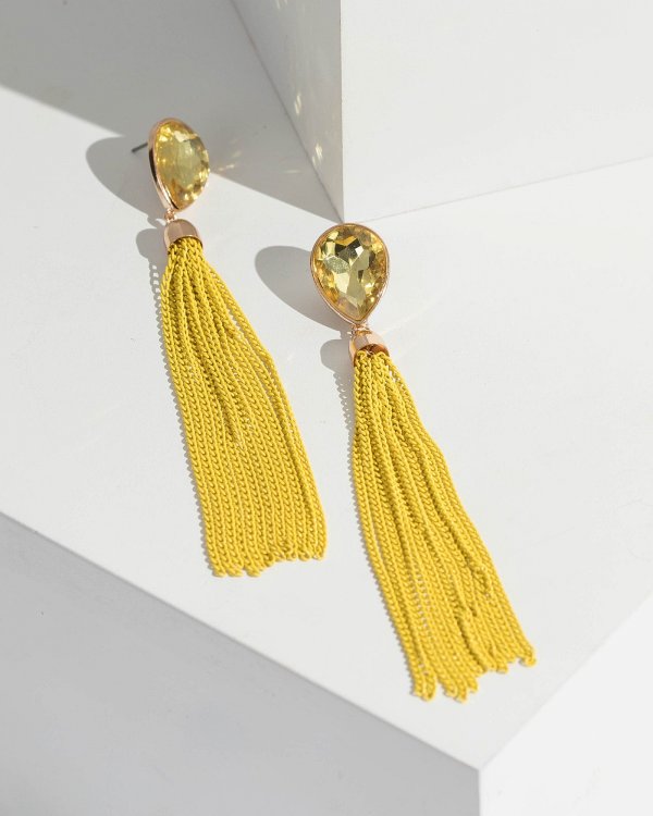 Yellow Crystal Chain Tassel Drop Earrings